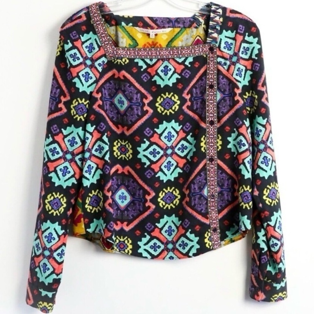 Rachel Roy Long Sleeve Off Center Button Multi-Color Paneled Square Neck